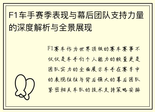 F1车手赛季表现与幕后团队支持力量的深度解析与全景展现