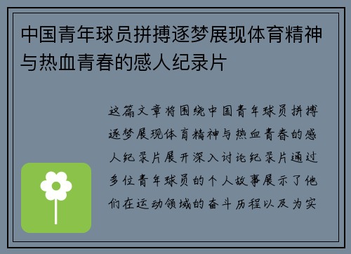中国青年球员拼搏逐梦展现体育精神与热血青春的感人纪录片